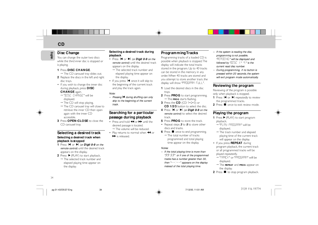 Philips FW-D5D Disc Change, Selecting a desired track, Programming Tracks, Reviewing the program, Playing the program 