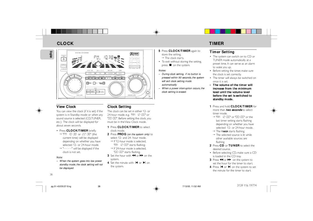 Philips FW-D5D manual Timer Setting, View Clock, Clock Setting 