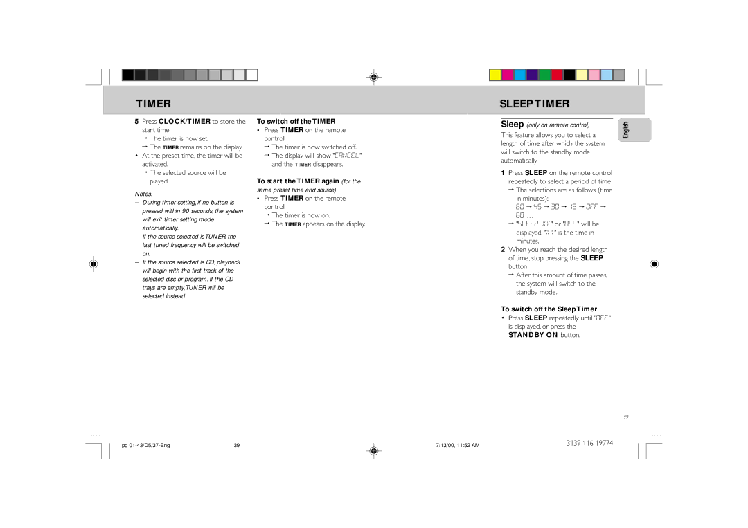 Philips FW-D5D manual To switch off the Timer, Sleep only on remote control, To switch off the Sleep Timer 