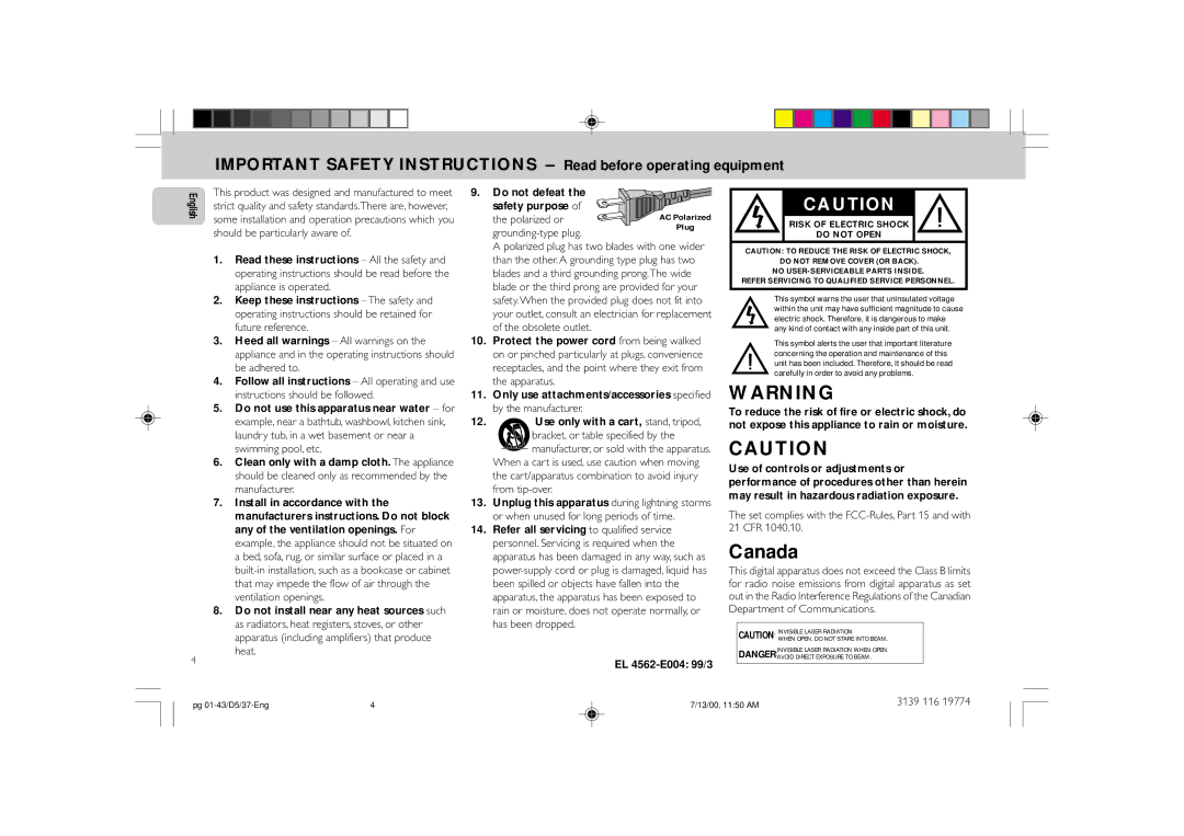 Philips FW-D5D manual English, EL 4562-E004 99/3, Set complies with the FCC-Rules, Part 15 and with 21 CFR 