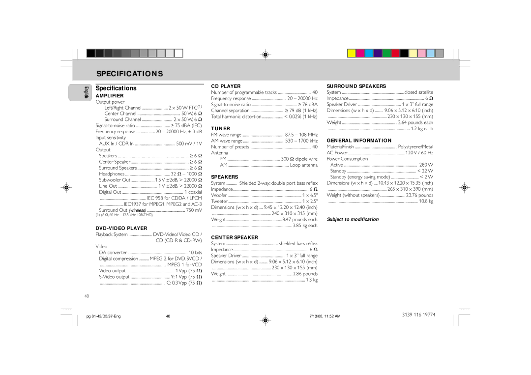 Philips FW-D5D manual Specifications, Subject to modification 