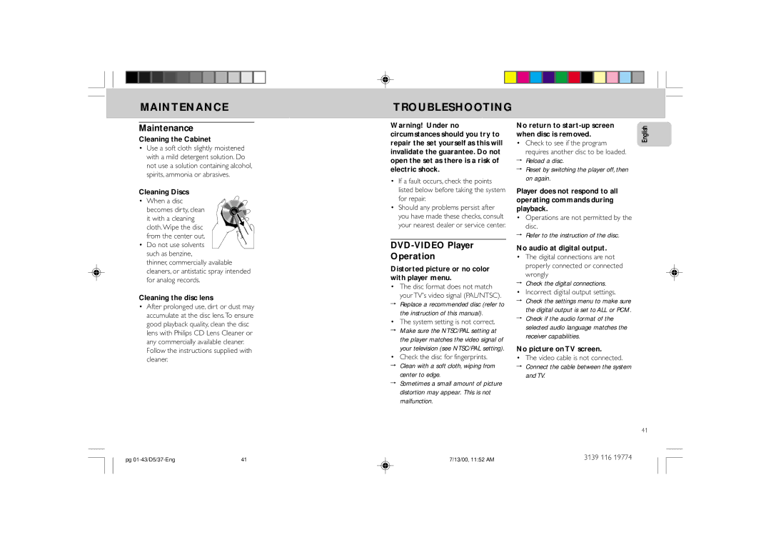 Philips FW-D5D manual Maintenance Troubleshooting, DVD-VIDEO Player Operation 