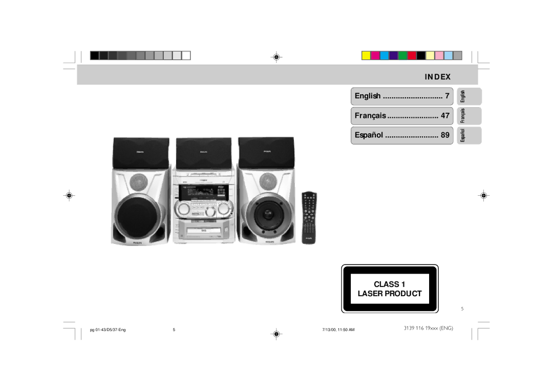 Philips FW-D5D manual Index, Class Laser Product, Español Français English 