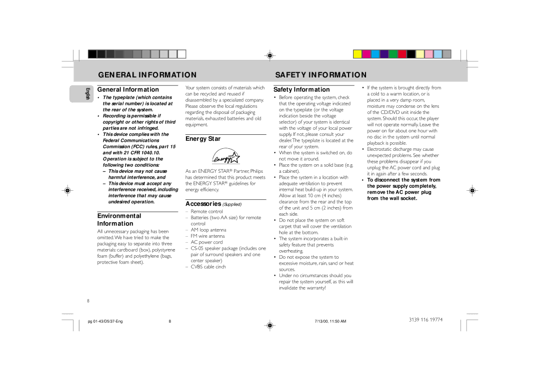 Philips FW-D5D manual General Information Safety Information 