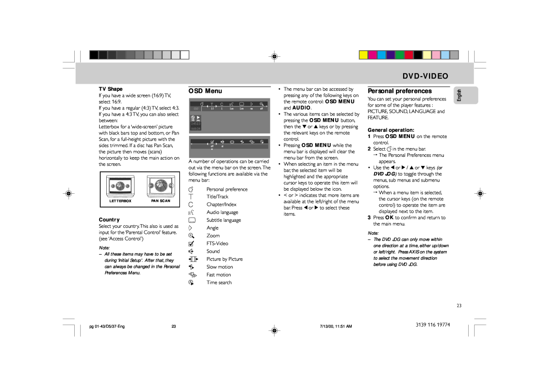 Philips FW-D5D manual OSD Menu, Personal preferences, Dvd-Video, TV Shape, Country, General operation, English 