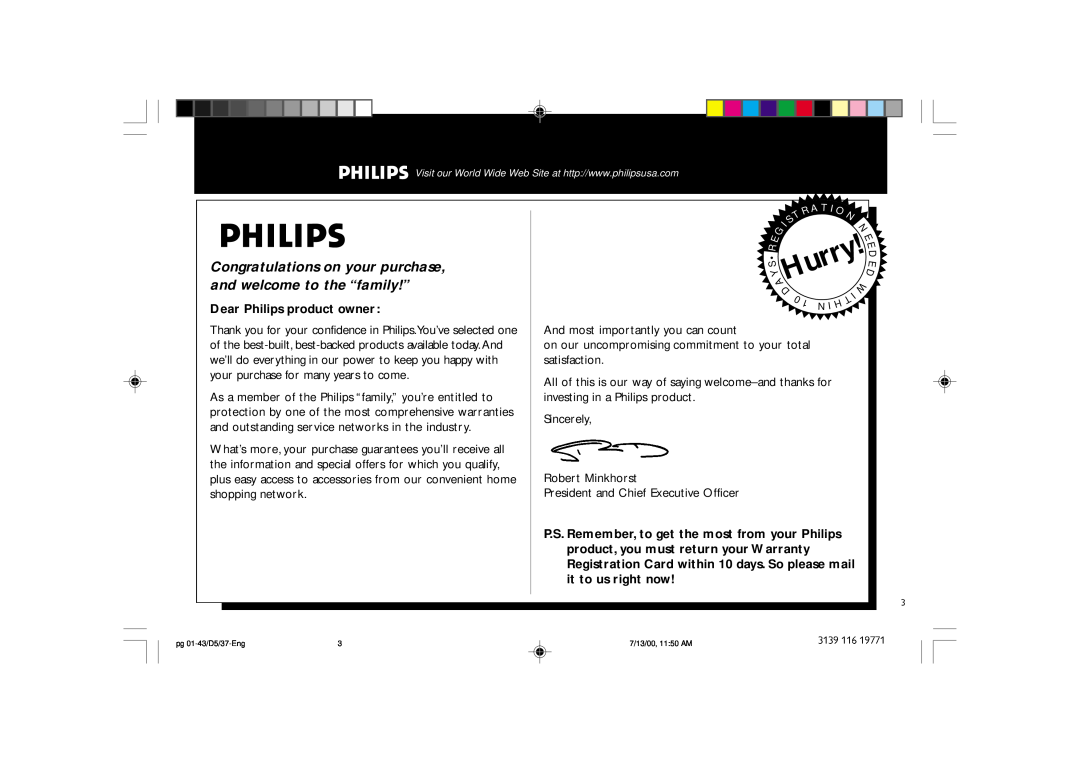 Philips FW-D5D manual Dear Philips product owner, AHurry 