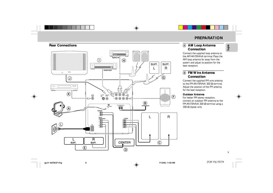 Philips FW-D5D manual Preparation, Rear Connections, A AM Loop Antenna, BFM Wire Antenna, surr. surr L R, Center, English 