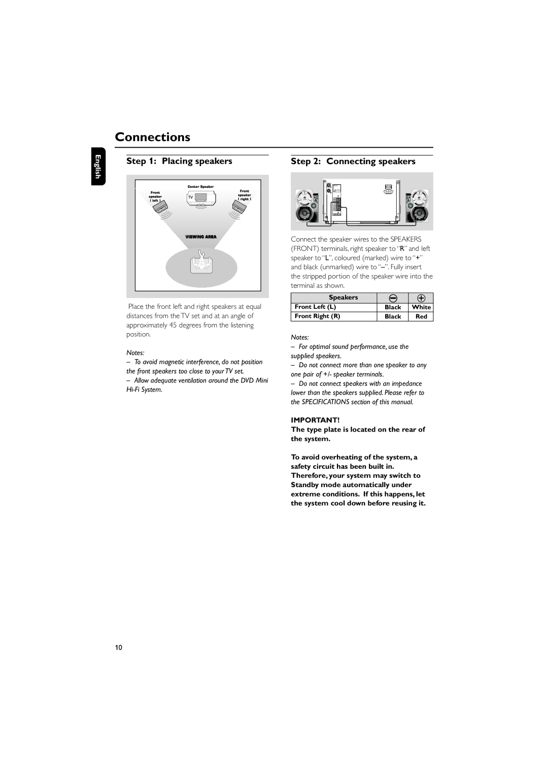 Philips FW-D750 manual Connections, Placing speakers, Connecting speakers, Type plate is located on the rear of the system 