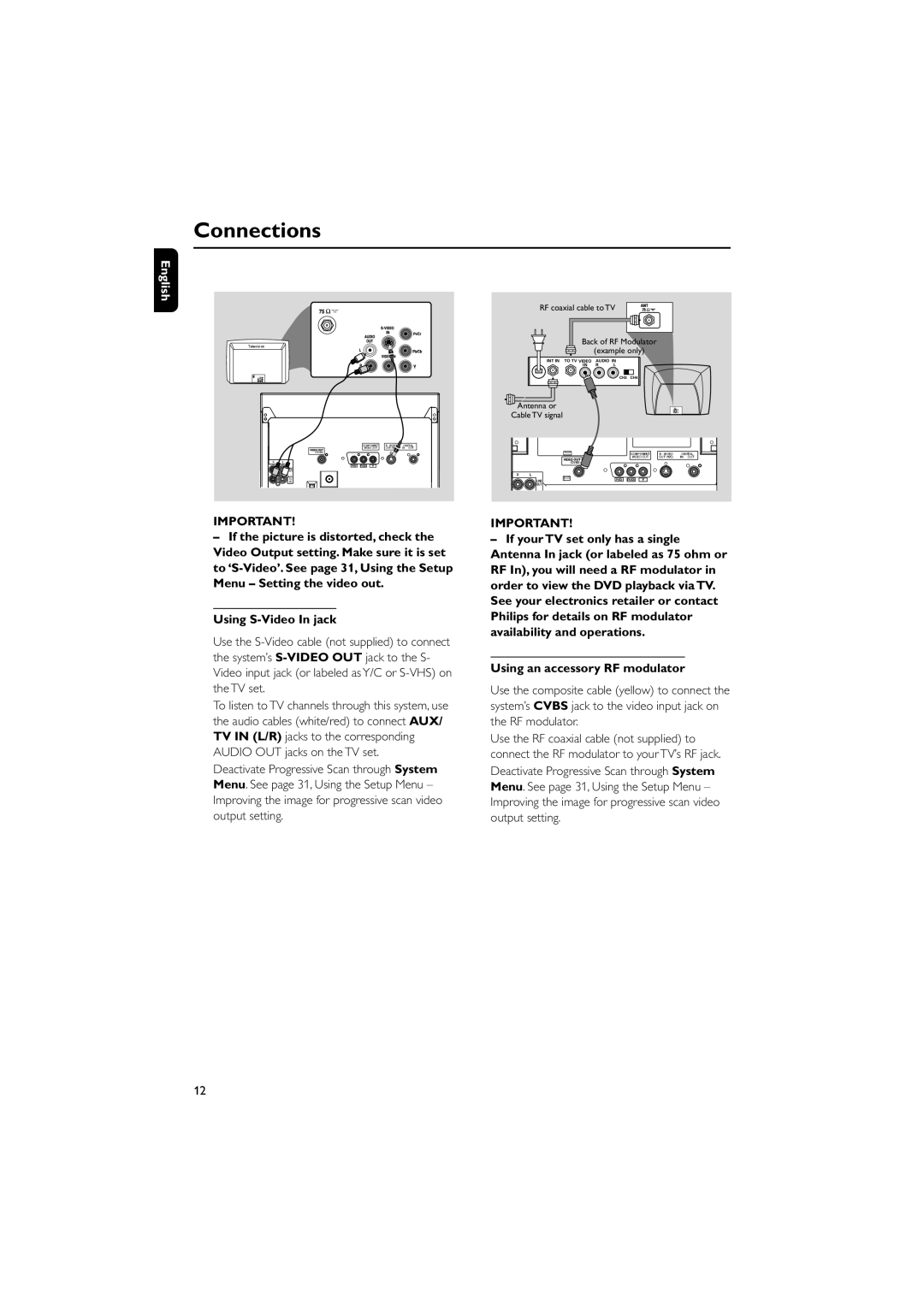 Philips FW-D750 manual Using S-Video In jack, Using an accessory RF modulator 