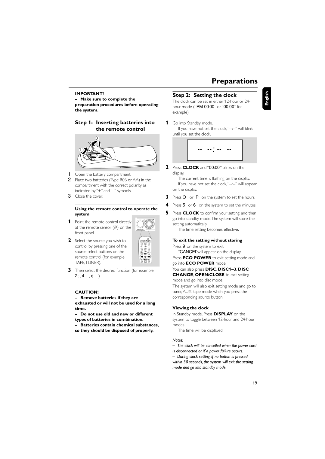 Philips FW-D750 manual Preparations, Inserting batteries into the remote control, Setting the clock 