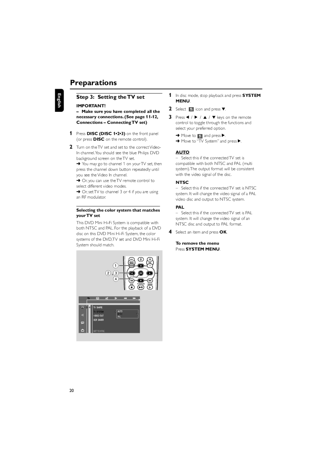 Philips FW-D750 manual Setting the TV set, Selecting the color system that matches your TV set, Auto, Ntsc, Pal 