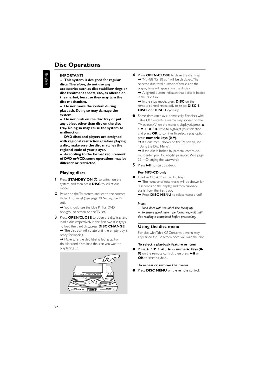 Philips FW-D750 manual Disc Operations, Playing discs, Using the disc menu 