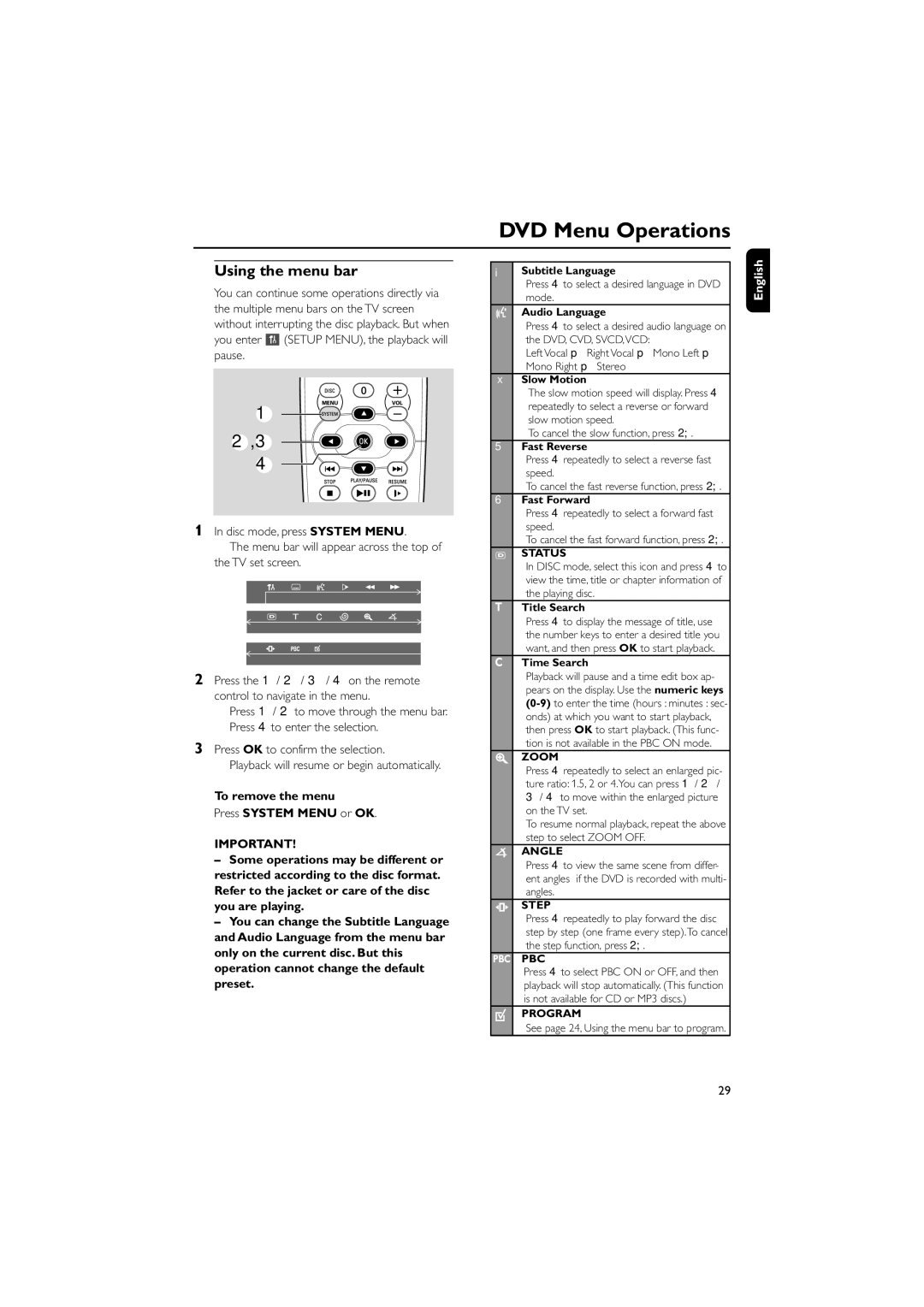 Philips FW-D750 manual DVD Menu Operations, Using the menu bar 