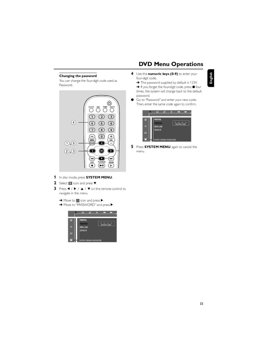 Philips FW-D750 manual Changing the password, You can change the four-digit code used as Password 