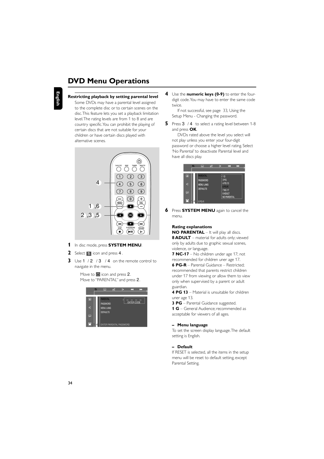 Philips FW-D750 manual Rating explanations, Menu language, Default 