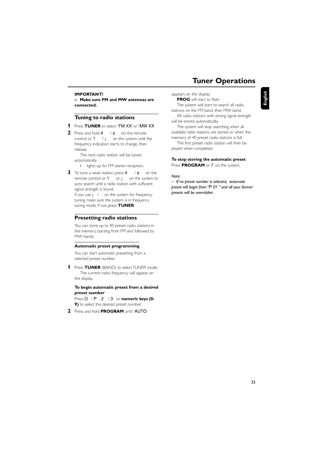 Philips FW-D750 manual Tuner Operations, Tuning to radio stations, Presetting radio stations 