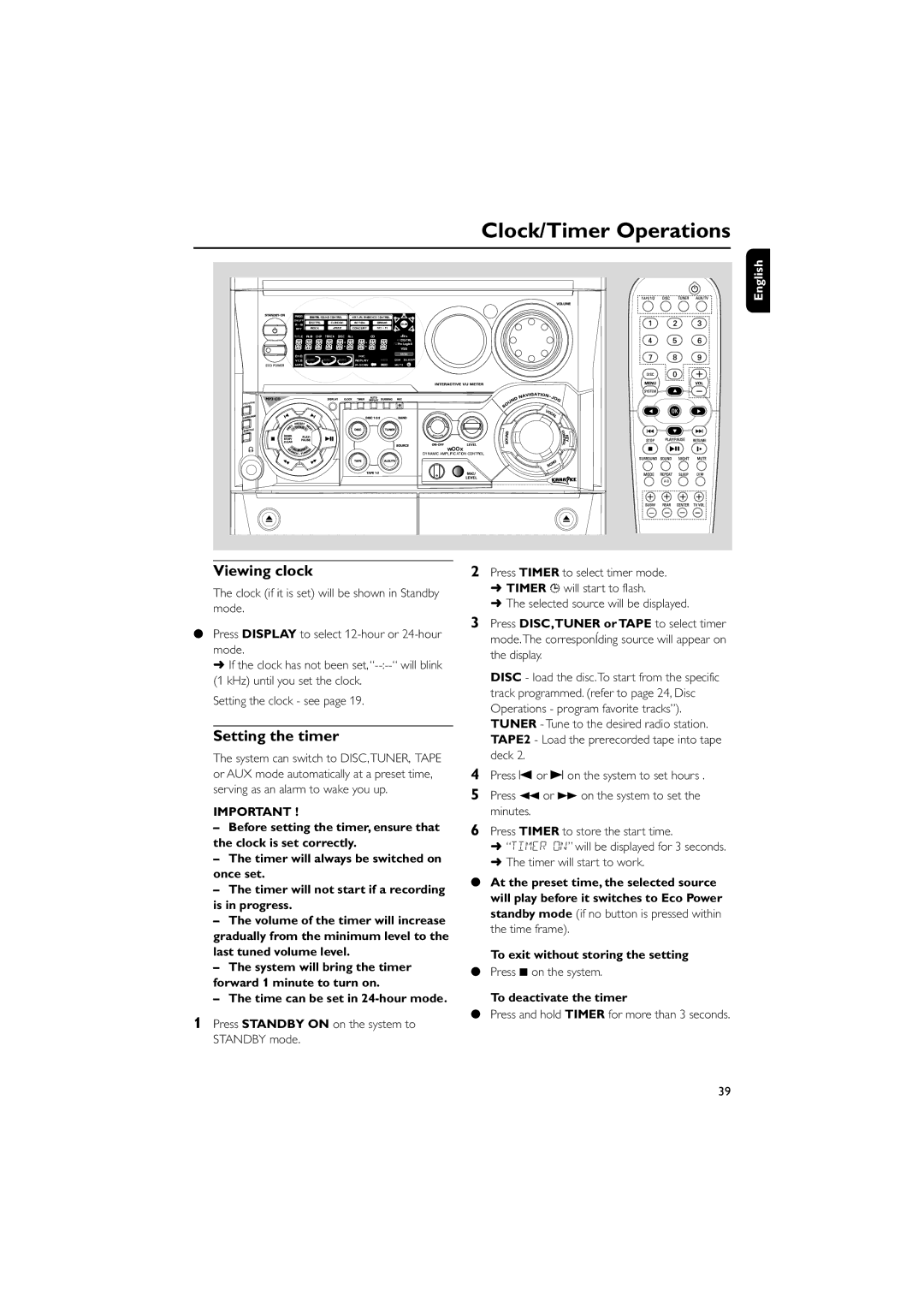 Philips FW-D750 manual Clock/Timer Operations, Viewing clock, Setting the timer 