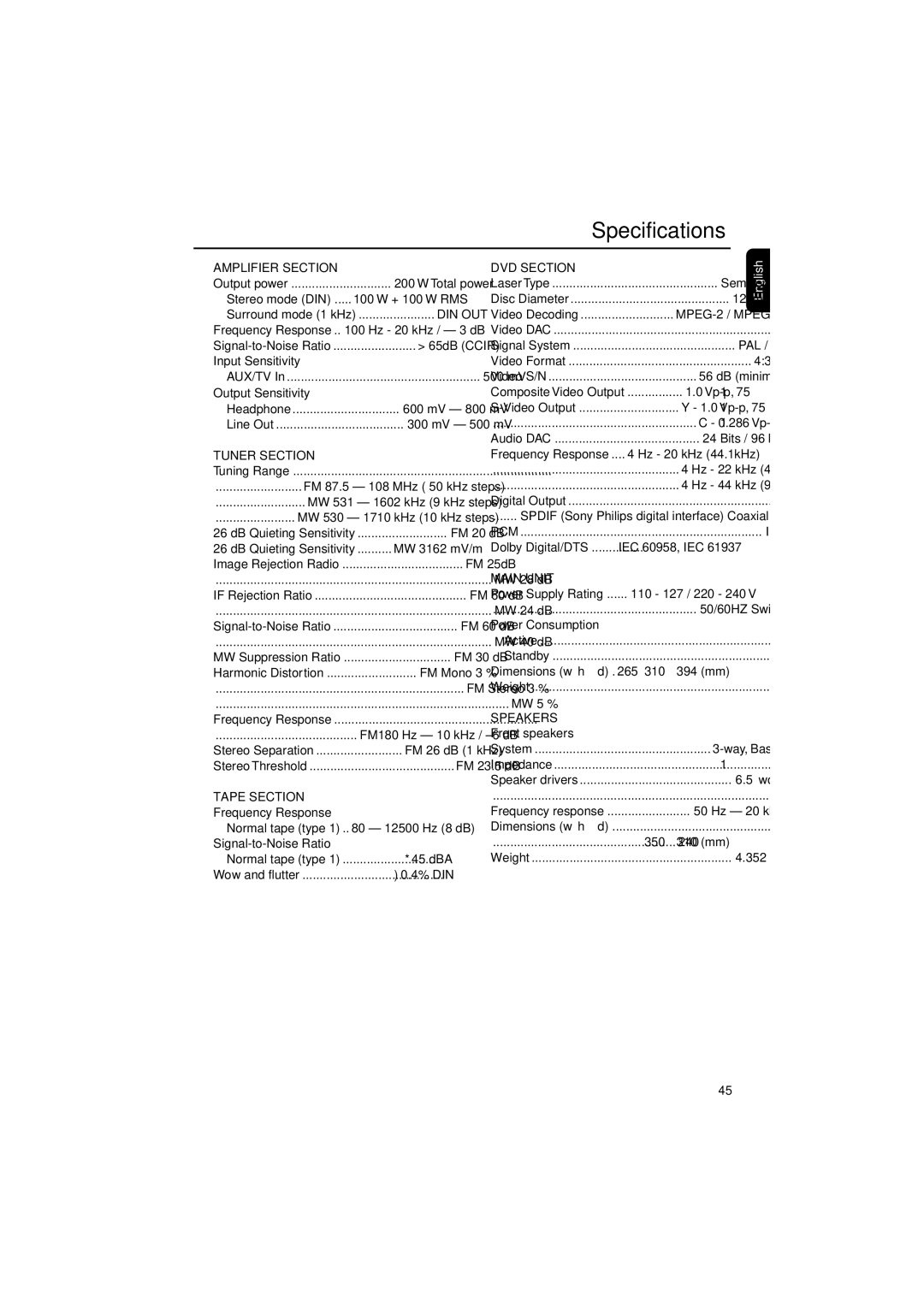 Philips FW-D750 manual Specifications 