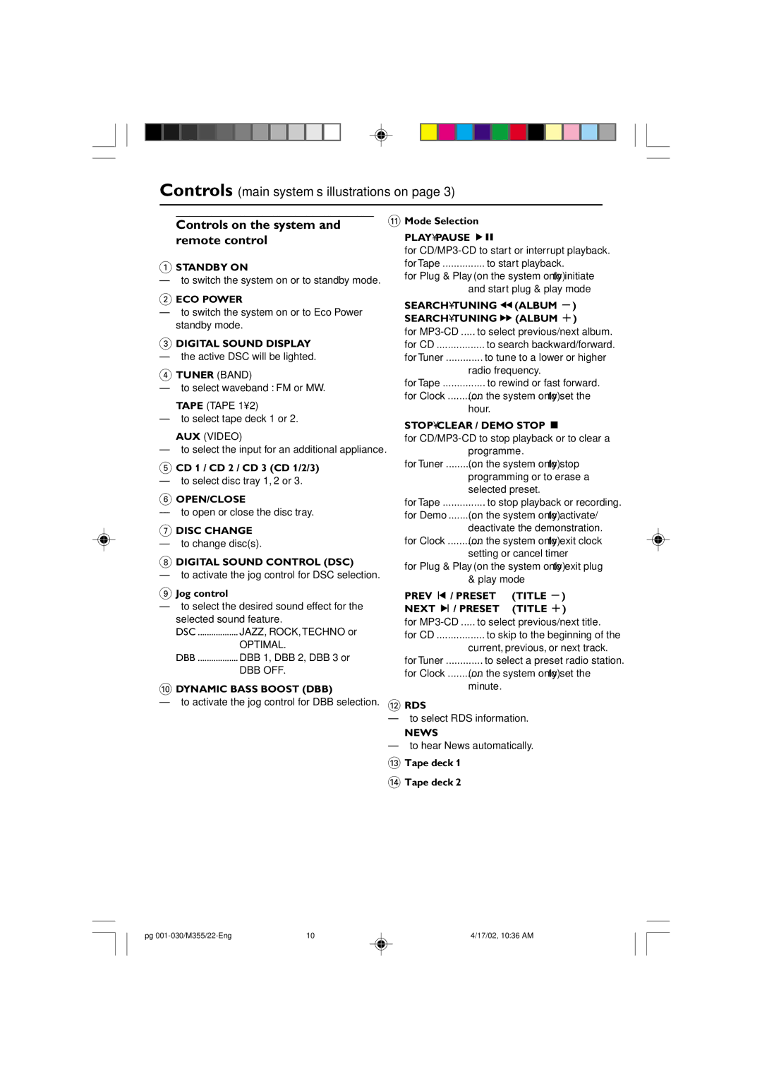 Philips FW-M355 manual Controls on the system and remote control 