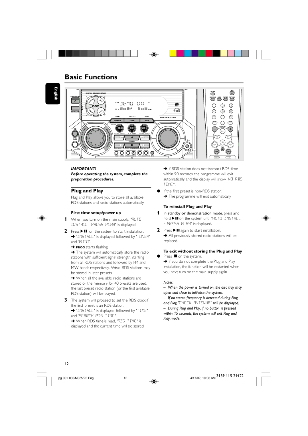 Philips FW-M355 manual Basic Functions, First time setup/power up, To reinstall Plug and Play 