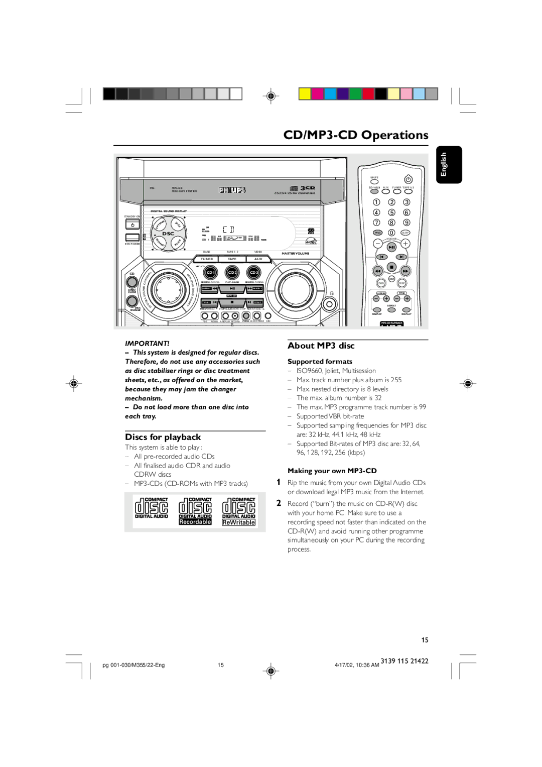 Philips FW-M355 manual CD/MP3-CD Operations, Discs for playback, About MP3 disc, Supported formats, Making your own MP3-CD 