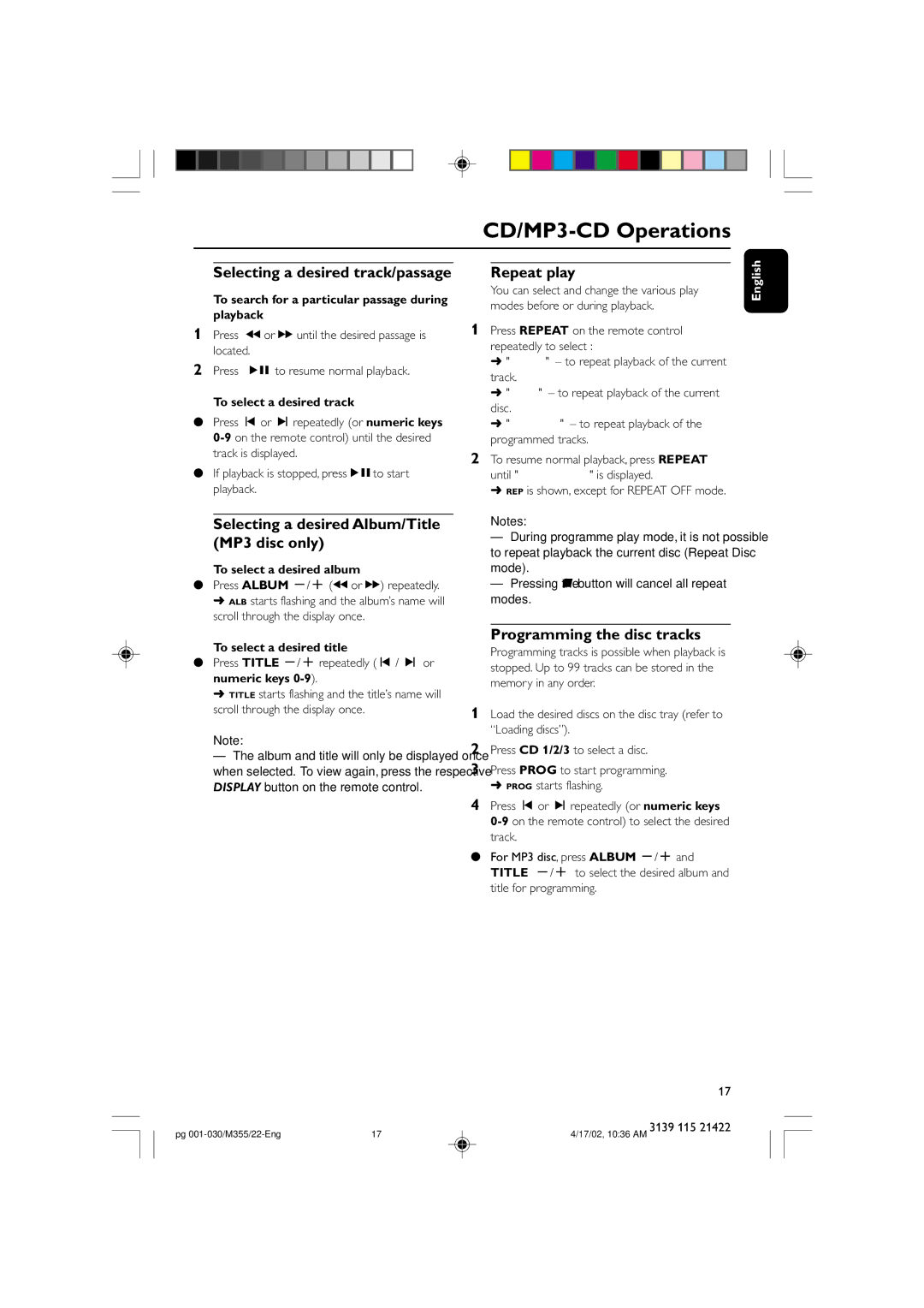 Philips FW-M355 manual Selecting a desired track/passage, Selecting a desired Album/Title MP3 disc only, Repeat play 