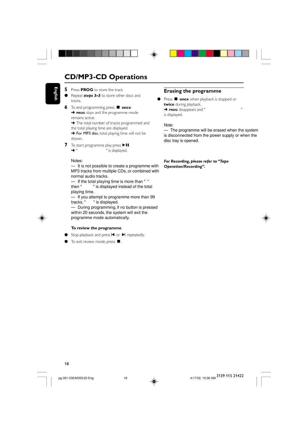 Philips FW-M355 manual Erasing the programme, To review the programme 