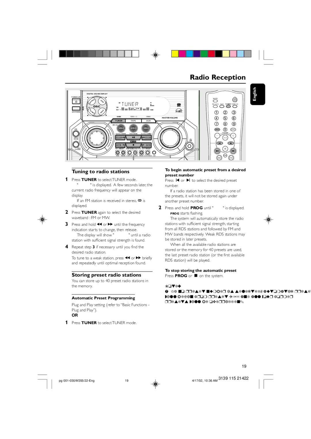 Philips FW-M355 manual Tuning to radio stations, Storing preset radio stations, Automatic Preset Programming 