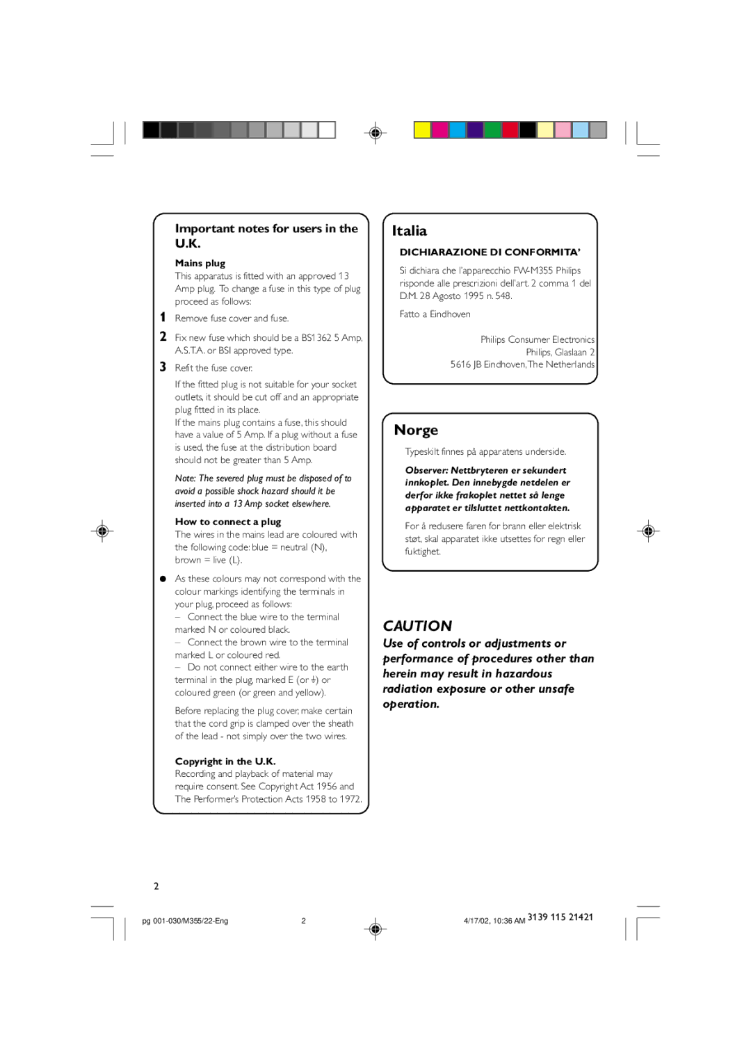 Philips FW-M355 manual Important notes for users in the U.K, Mains plug, How to connect a plug, Copyright in the U.K 