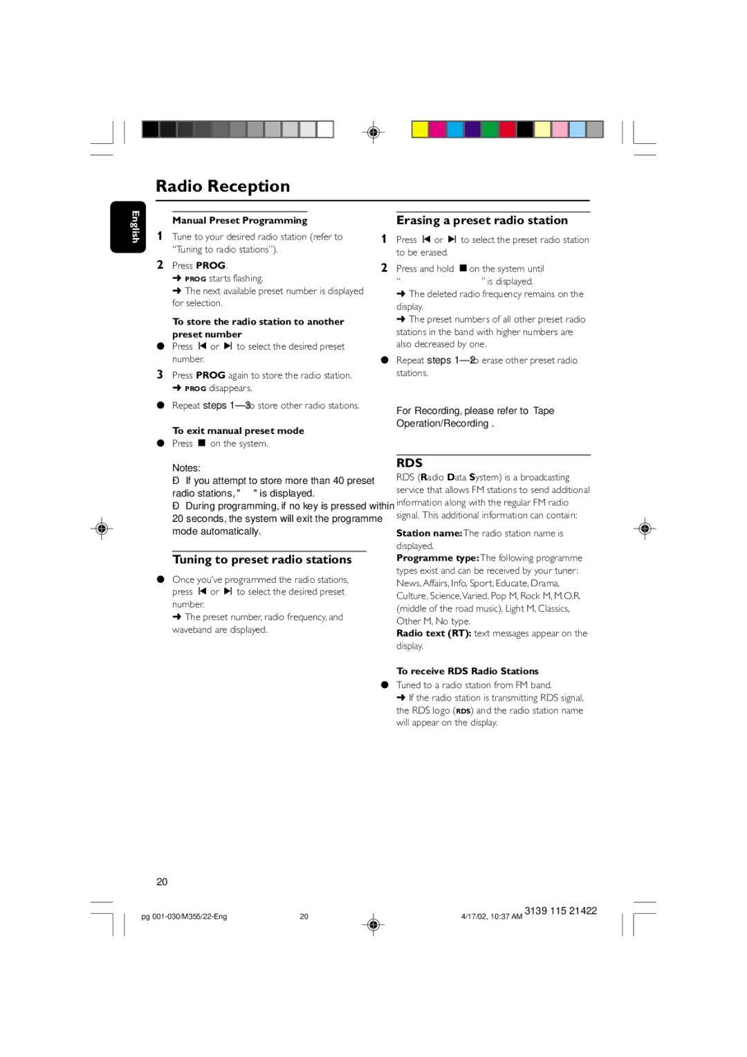 Philips FW-M355 manual Radio Reception, Tuning to preset radio stations, Erasing a preset radio station 