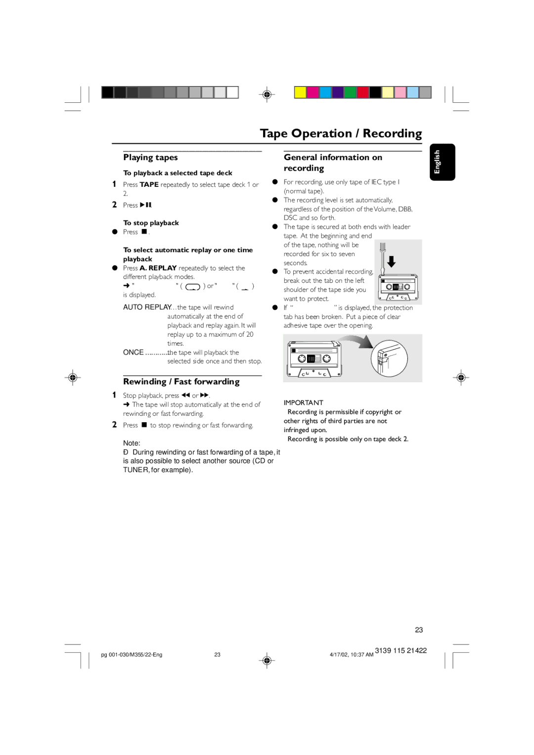 Philips FW-M355 manual Playing tapes, Rewinding / Fast forwarding, General information on recording 