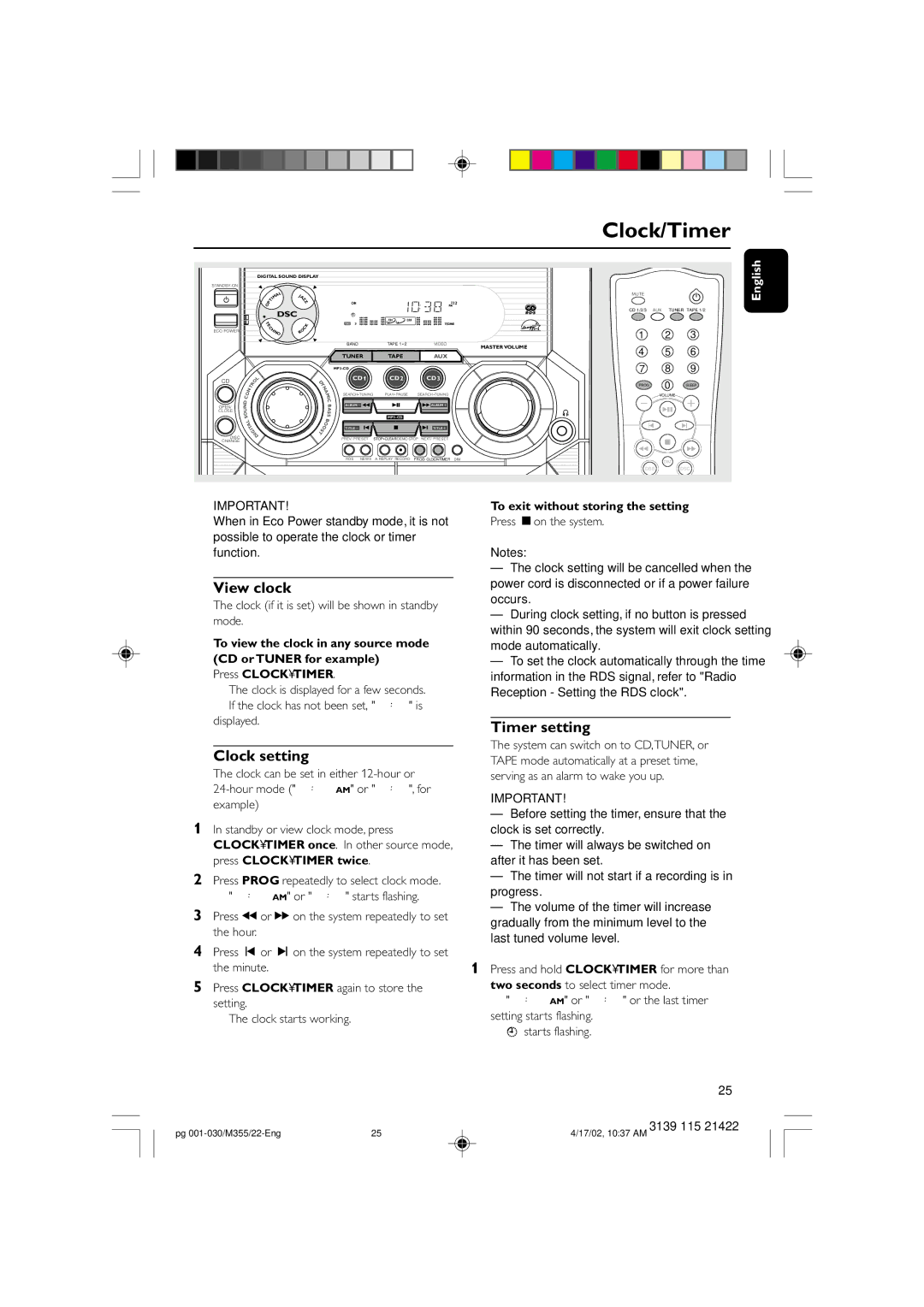 Philips FW-M355 manual View clock, Clock setting, Timer setting, Clock if it is set will be shown in standby mode 