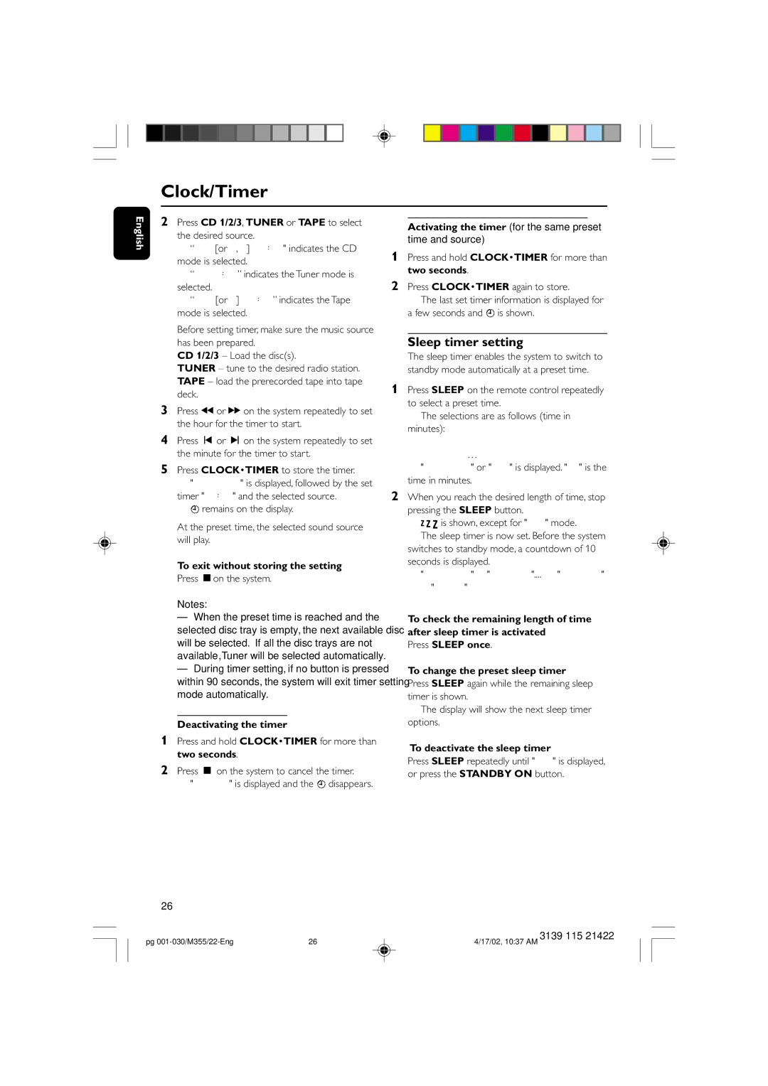 Philips FW-M355 manual Clock/Timer, Sleep timer setting, Deactivating the timer, Activating the timer for the same preset 