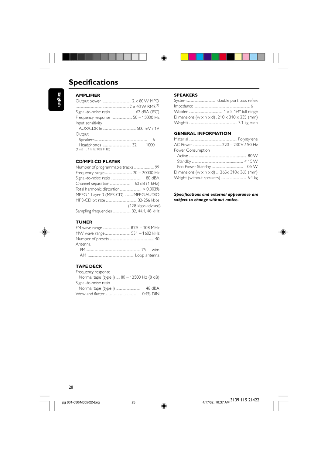 Philips FW-M355 manual Specifications 