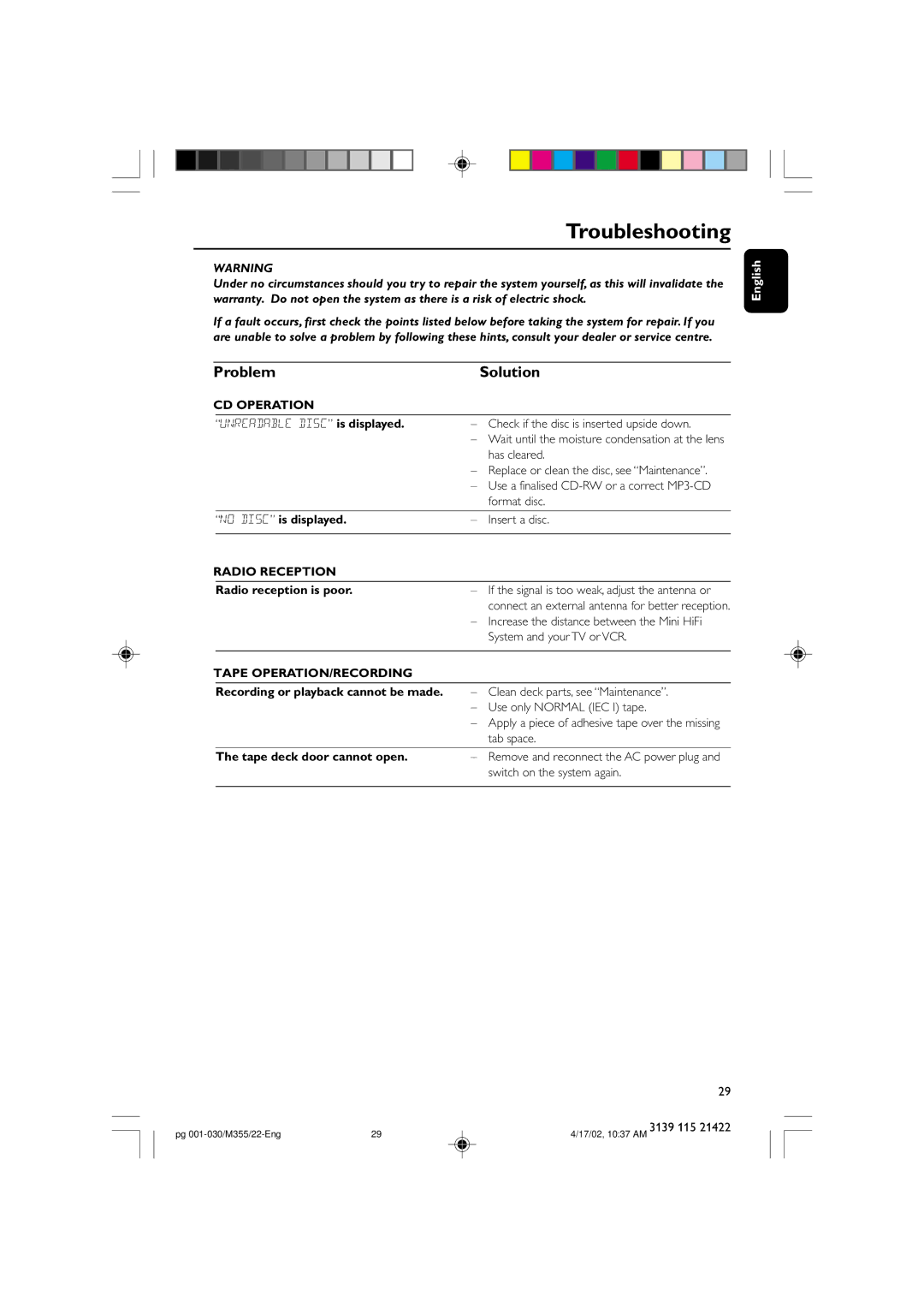 Philips FW-M355 manual Troubleshooting, Problem Solution, CD Operation, Radio Reception, Tape OPERATION/RECORDING 