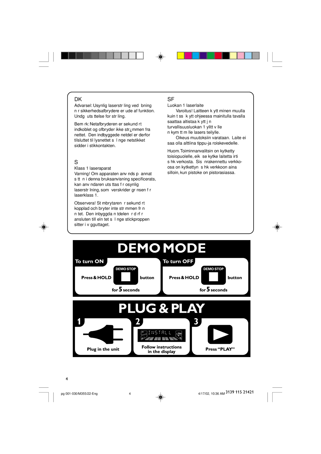 Philips FW-M355 manual Klass 1 laseraparat 