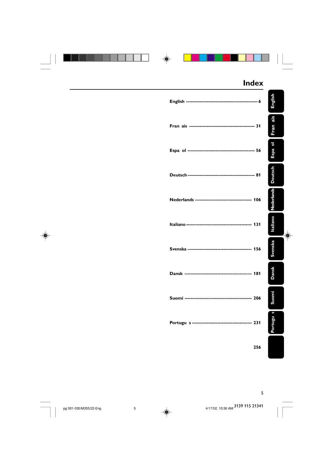 Philips FW-M355 manual Index 