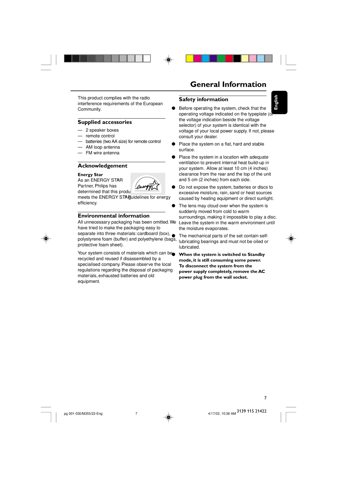 Philips FW-M355 General Information, Supplied accessories, Acknowledgement, Environmental information, Safety information 