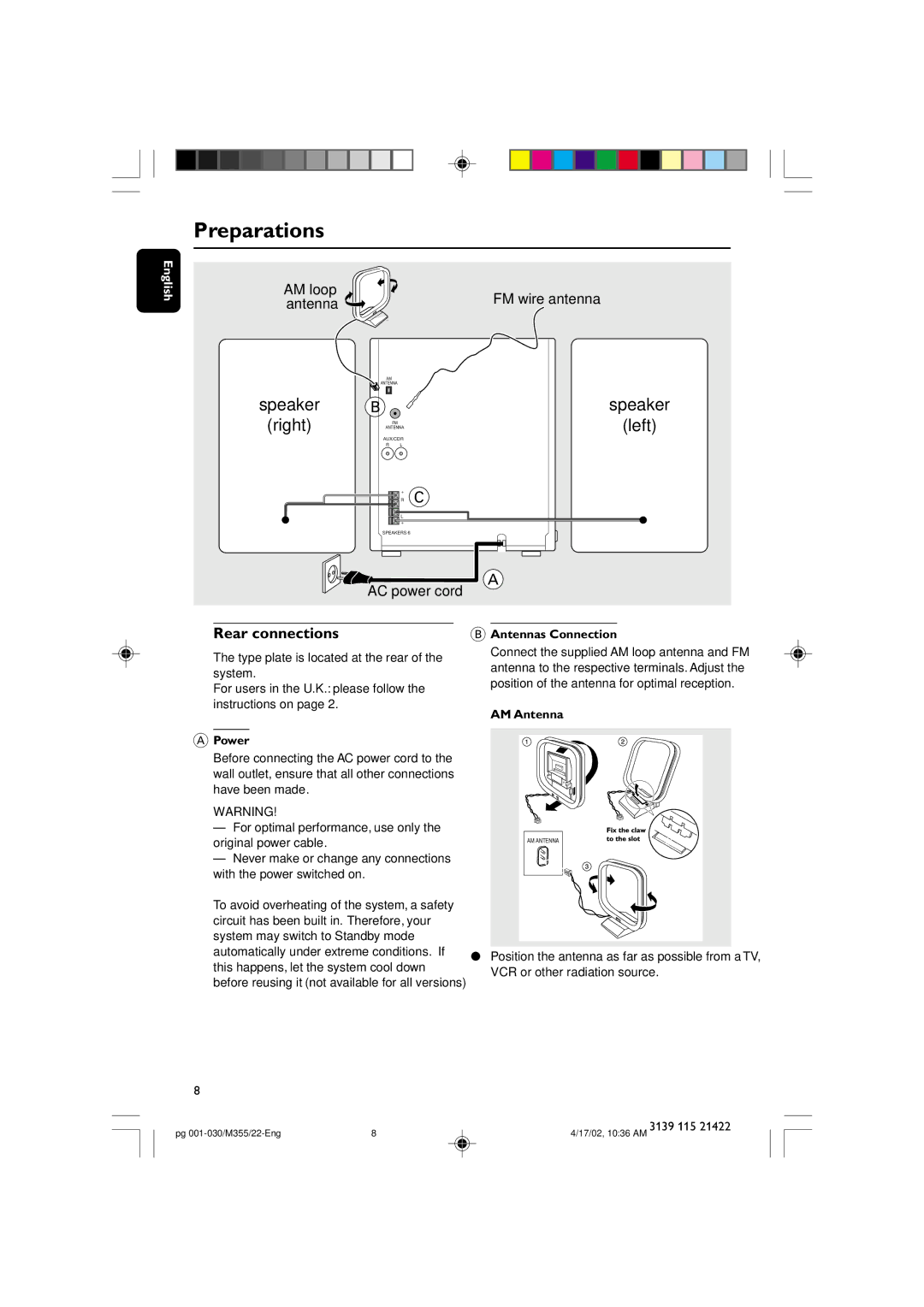 Philips FW-M355 manual Preparations, Rear connections, Power, Antennas Connection, AM Antenna 