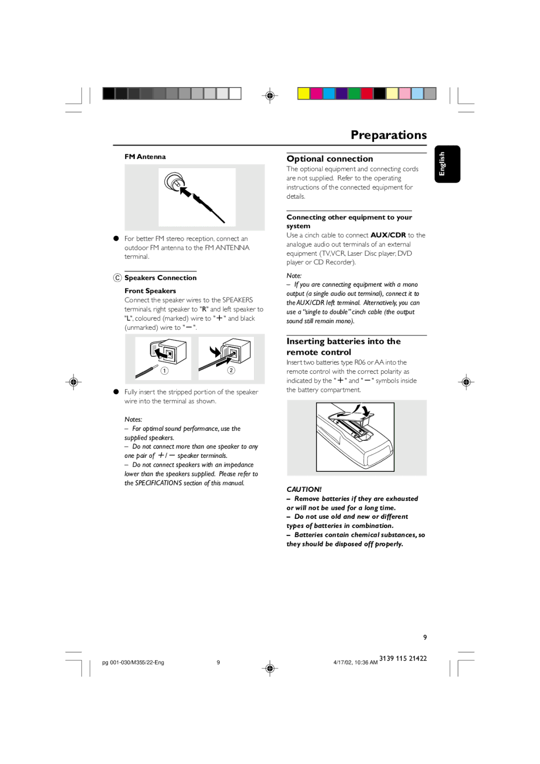 Philips FW-M355 manual Optional connection, Inserting batteries into the remote control, FM Antenna 