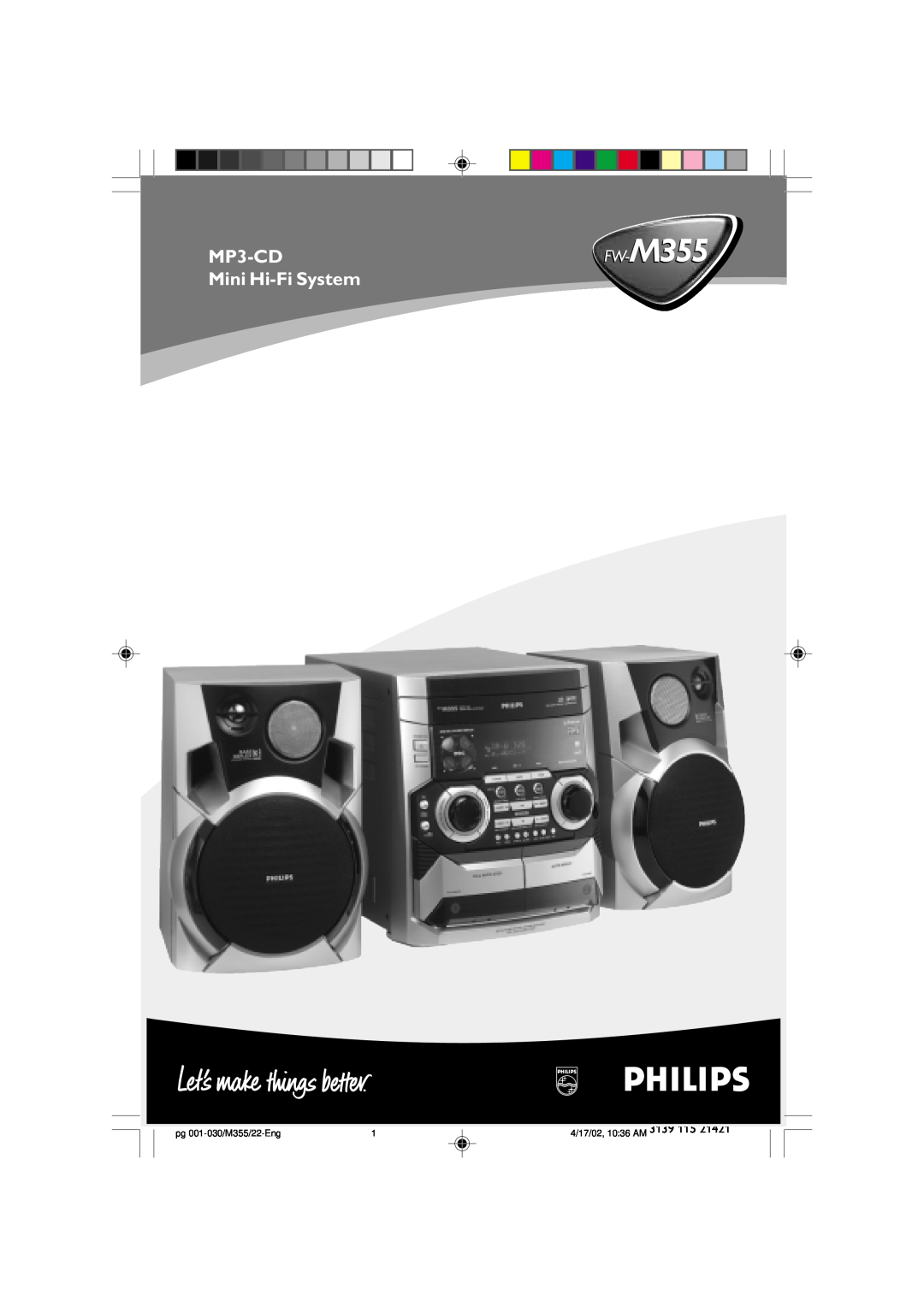 Philips FW-M355 manual MP3-CD, Mini Hi-FiSystem, pg 001-030/M355/22-Eng, 4/17/02, 10 36 AM 