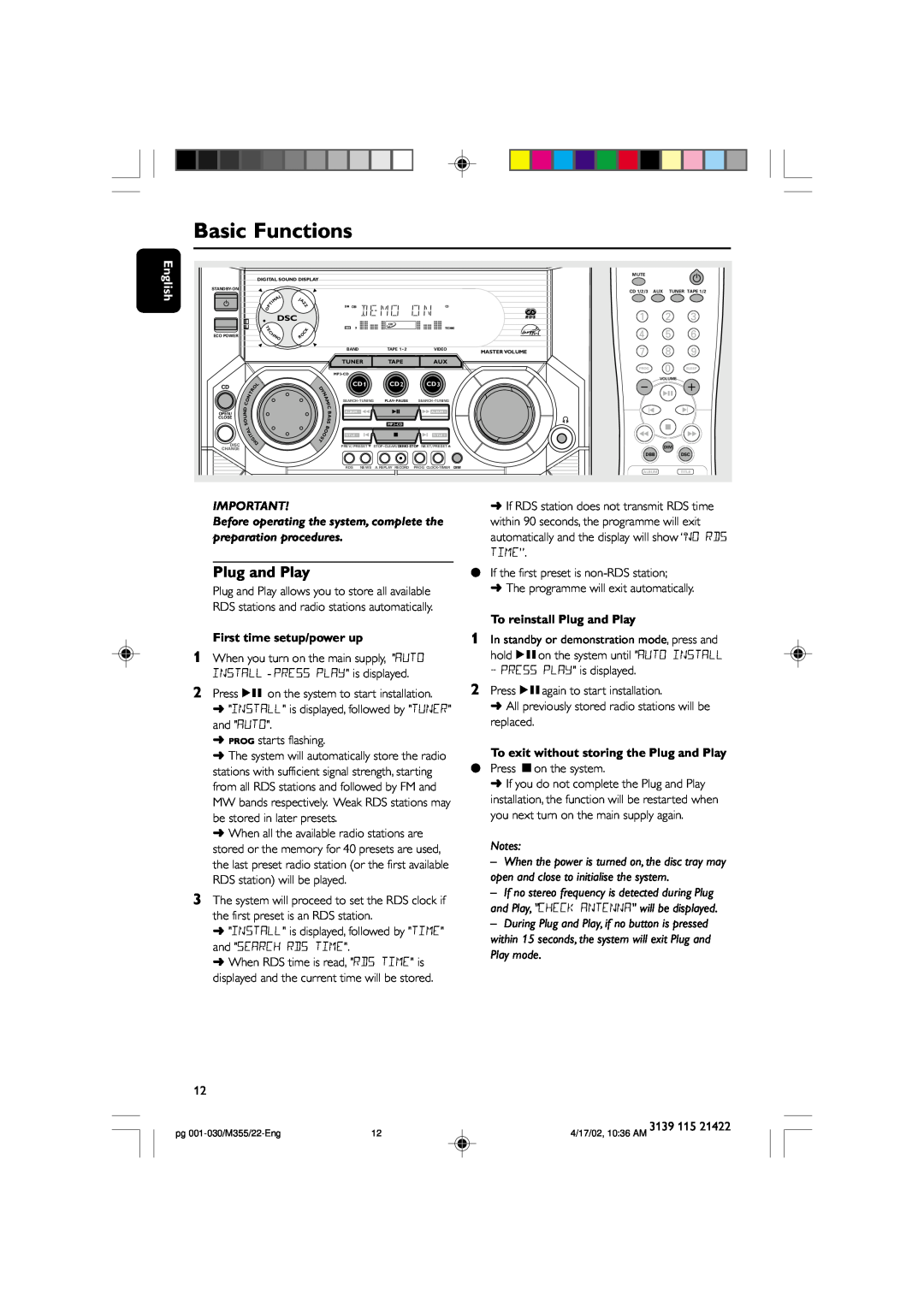Philips FW-M355 manual Basic Functions, First time setup/power up, To reinstall Plug and Play, English 