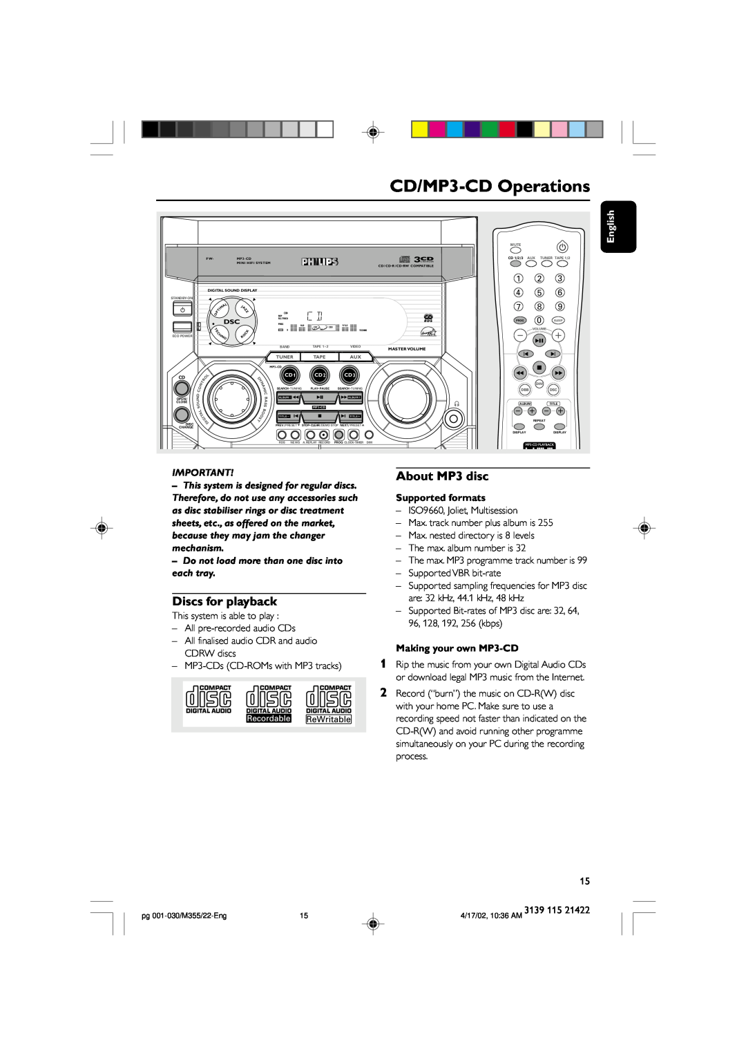 Philips FW-M355 manual CD/MP3-CDOperations, Discs for playback, About MP3 disc, Supported formats, Making your own MP3-CD 