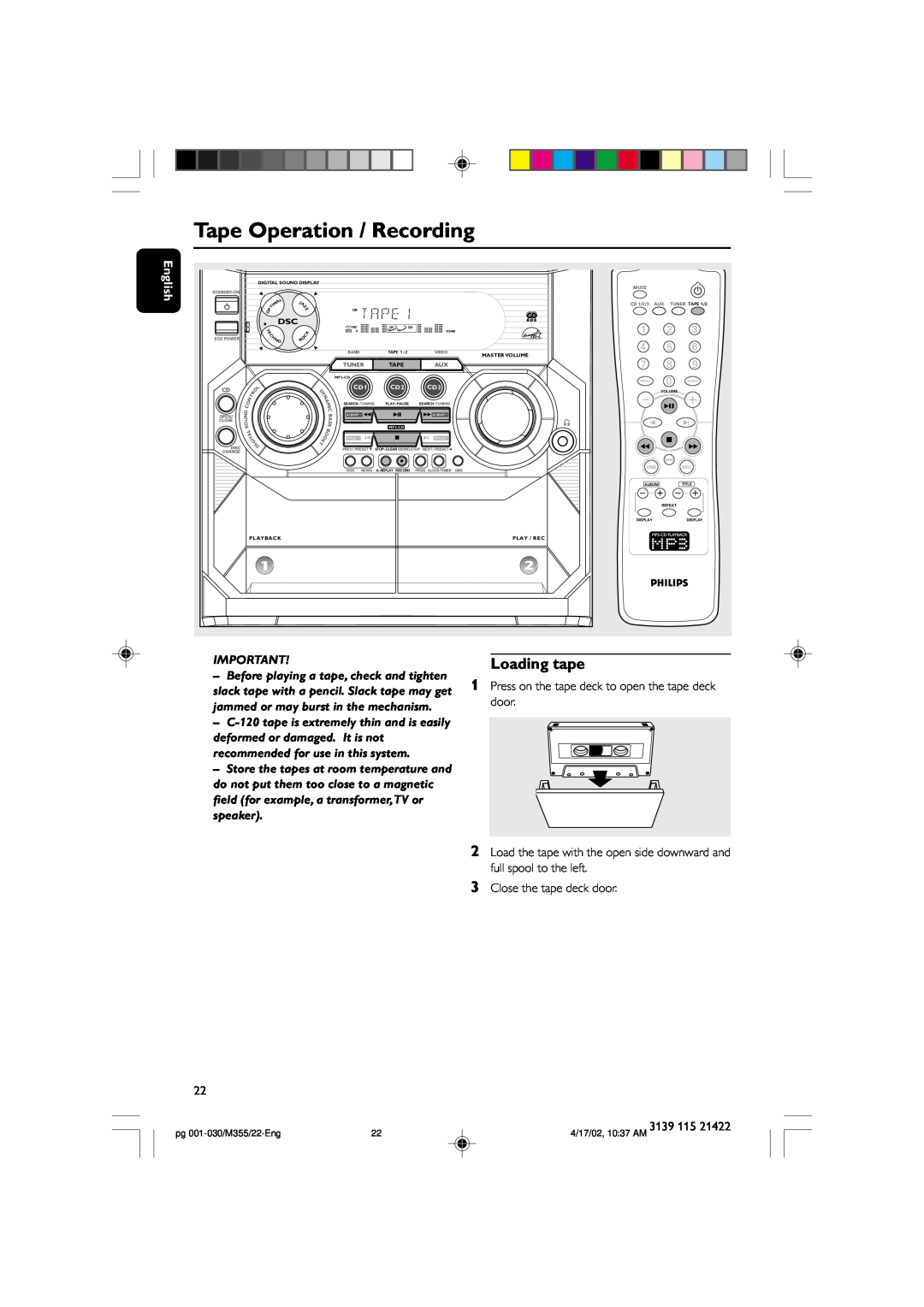 Philips FW-M355 manual Tape Operation / Recording, Loading tape, English 