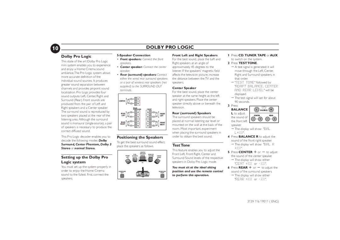 Philips FW-P73 manual Dolby PRO Logic, Setting up the Dolby Pro Logic system, Positioning the Speakers, Test Tone 