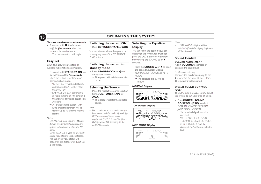 Philips FW-P73 manual Easy Set, Switching the system on, Switching the system to standby mode, Selecting the Source 