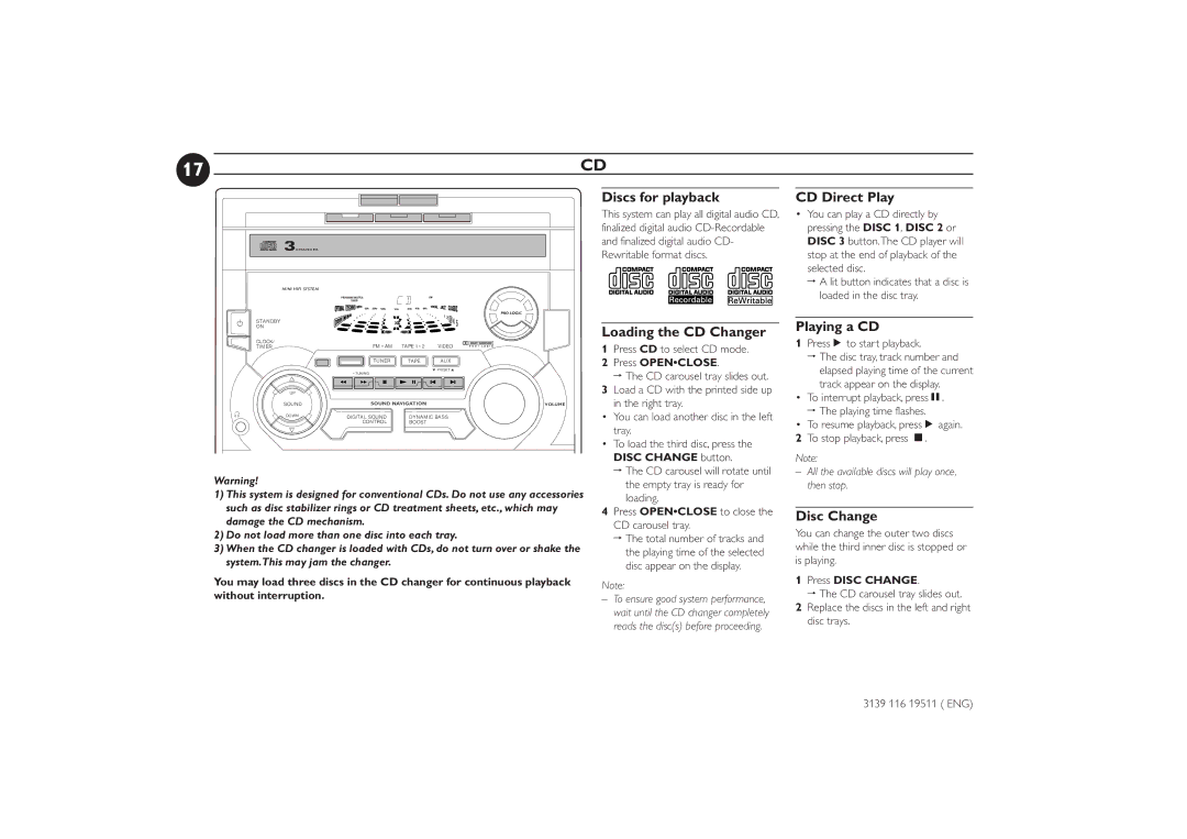 Philips FW-P73 manual Discs for playback, CD Direct Play, Loading the CD Changer, Playing a CD, Disc Change 