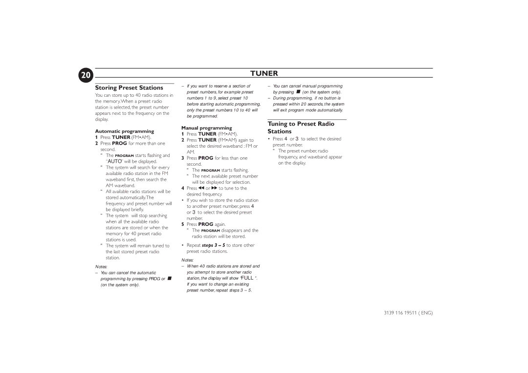 Philips FW-P73 manual Storing Preset Stations, Tuning to Preset Radio Stations, Automatic programming, Manual programming 