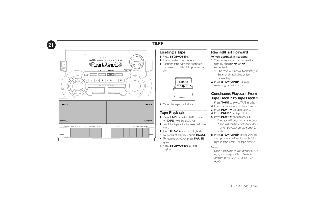 Philips FW-P73 manual Tape, Loading a tape Rewind/Fast Forward 