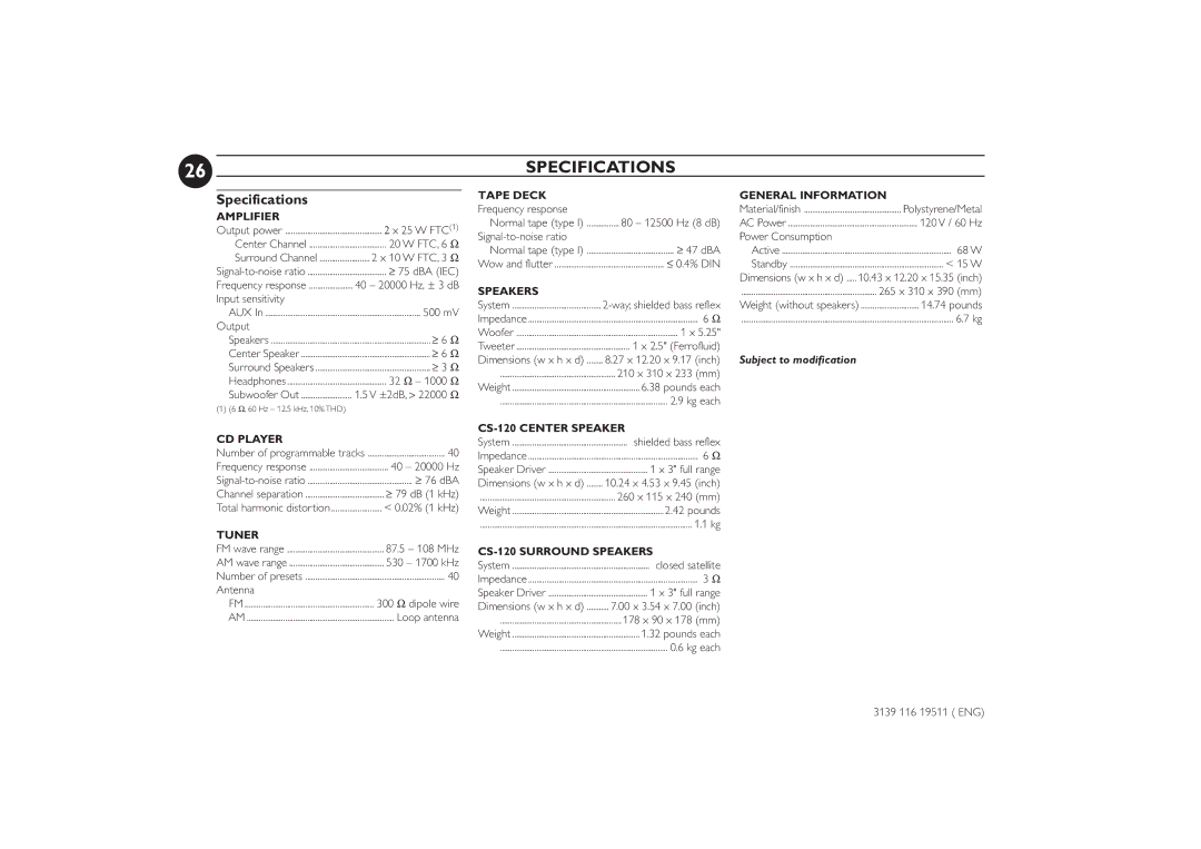 Philips FW-P73 manual Specifications 